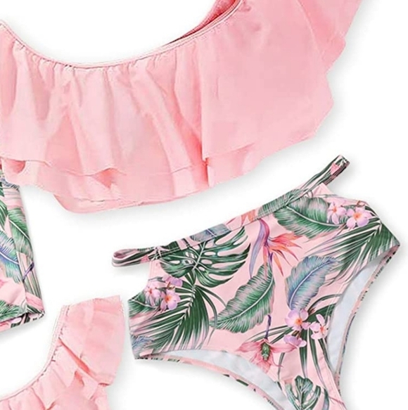 IFFEI Ruffled Off the Shouldet Bikini Top & Strappy Tropical Print Bikini Set M - Picture 3 of 11